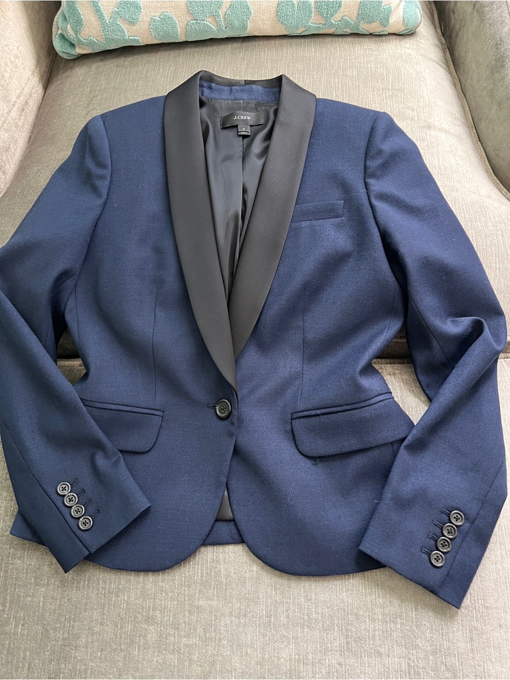 J.Crew Navy Wool Blend Tuxedo Blazer Jacket with Black Satin Shawl Collar Size 2 - Picture 2 of 7